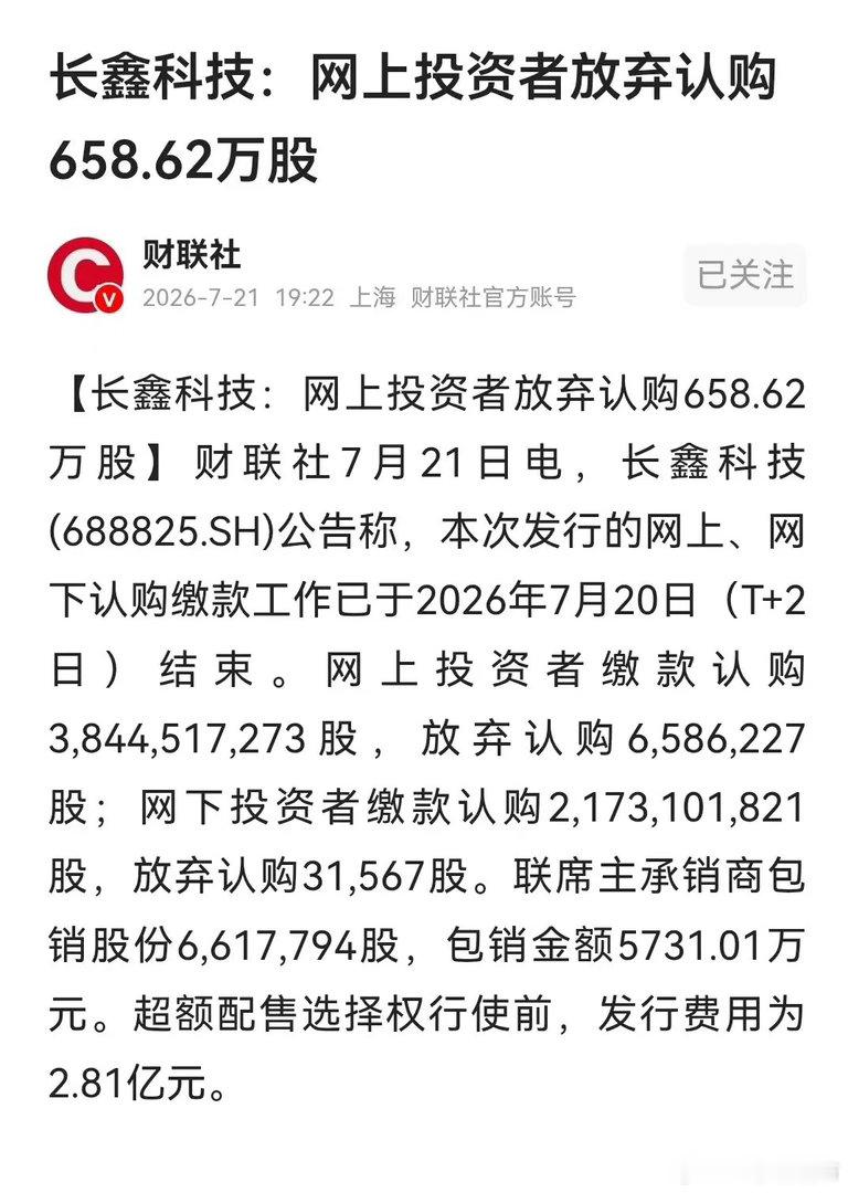 真是不可思议，长鑫科技居然有658.62万股被投资者放弃认购。现在中签那么难，很