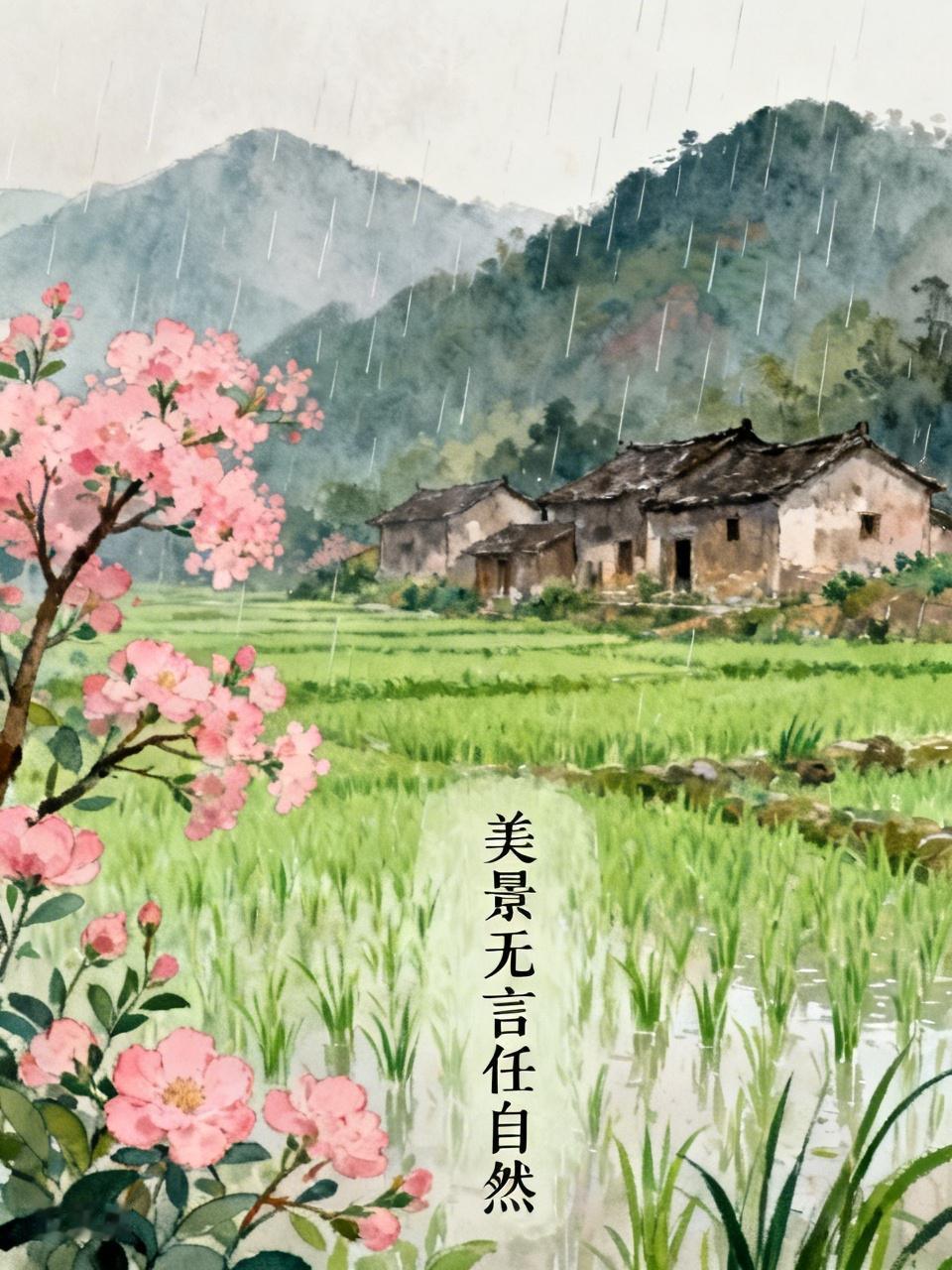 细雨濛濛绕翠峦，
粉花傍路稻苗妍。
古宅静卧乡野处，
美景无言任自然。