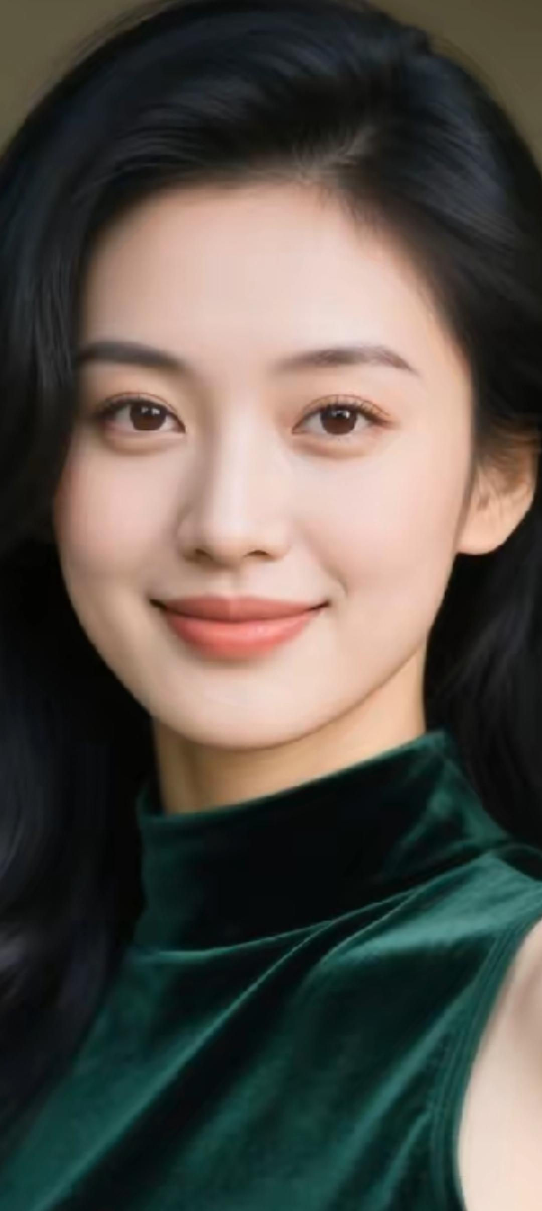 温柔微笑，绿色天鹅绒连衣裙，气质满满！🌿😊