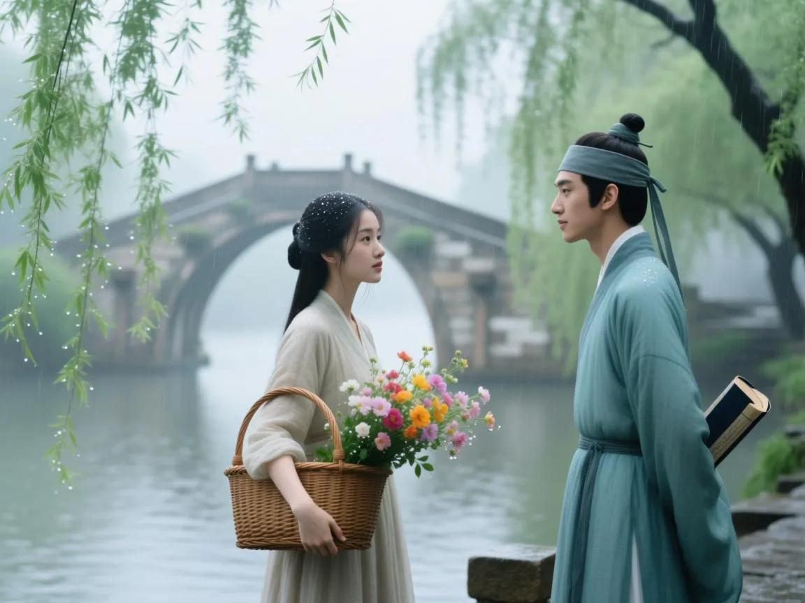 濛濛烟雨锁垂杨
桥畔何人醉一觞
忽有卖花声过耳
微风送来盈暗香
