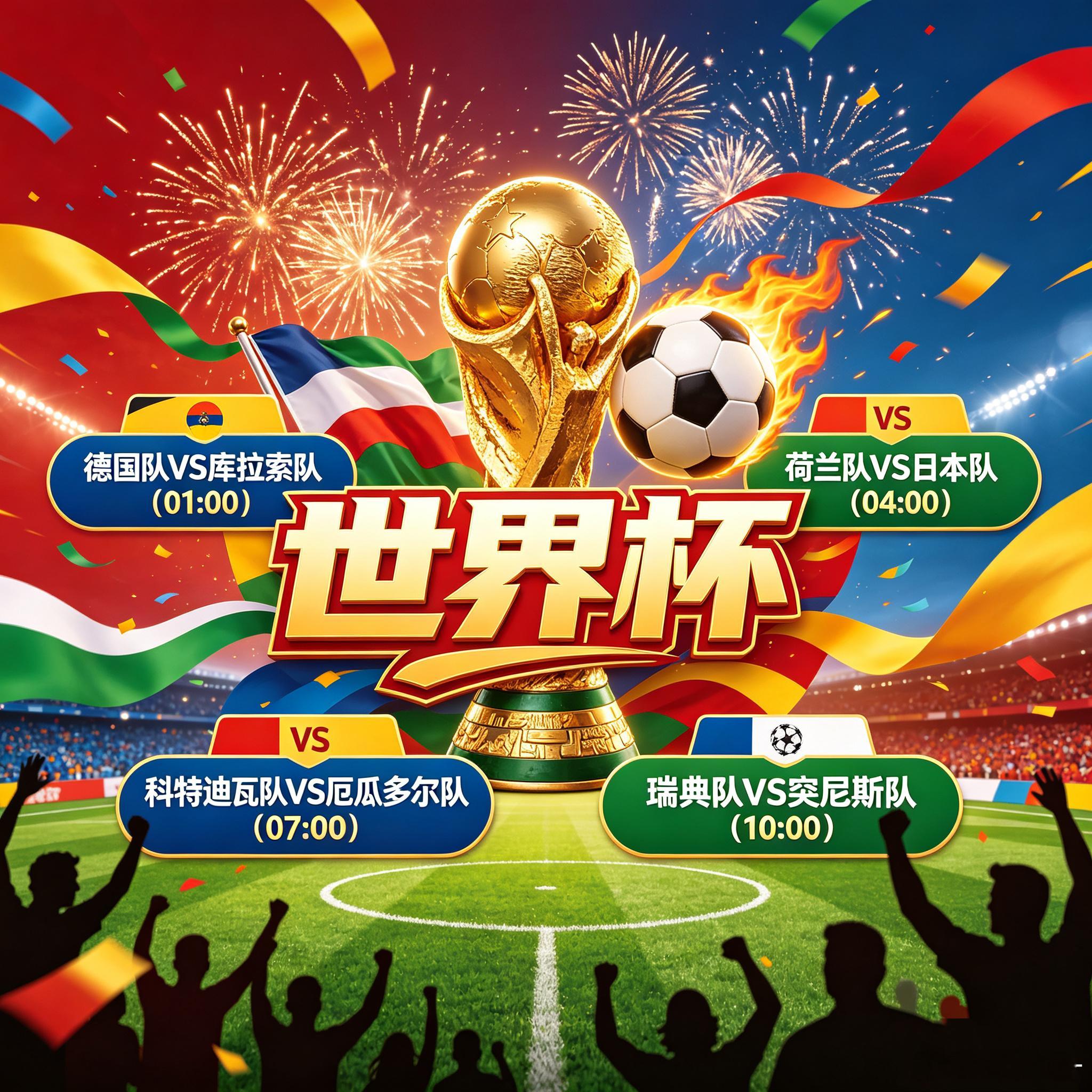 明日世界杯🏆  四大对决开战，首胜名额花落谁家？世界杯 01：00  德国VS