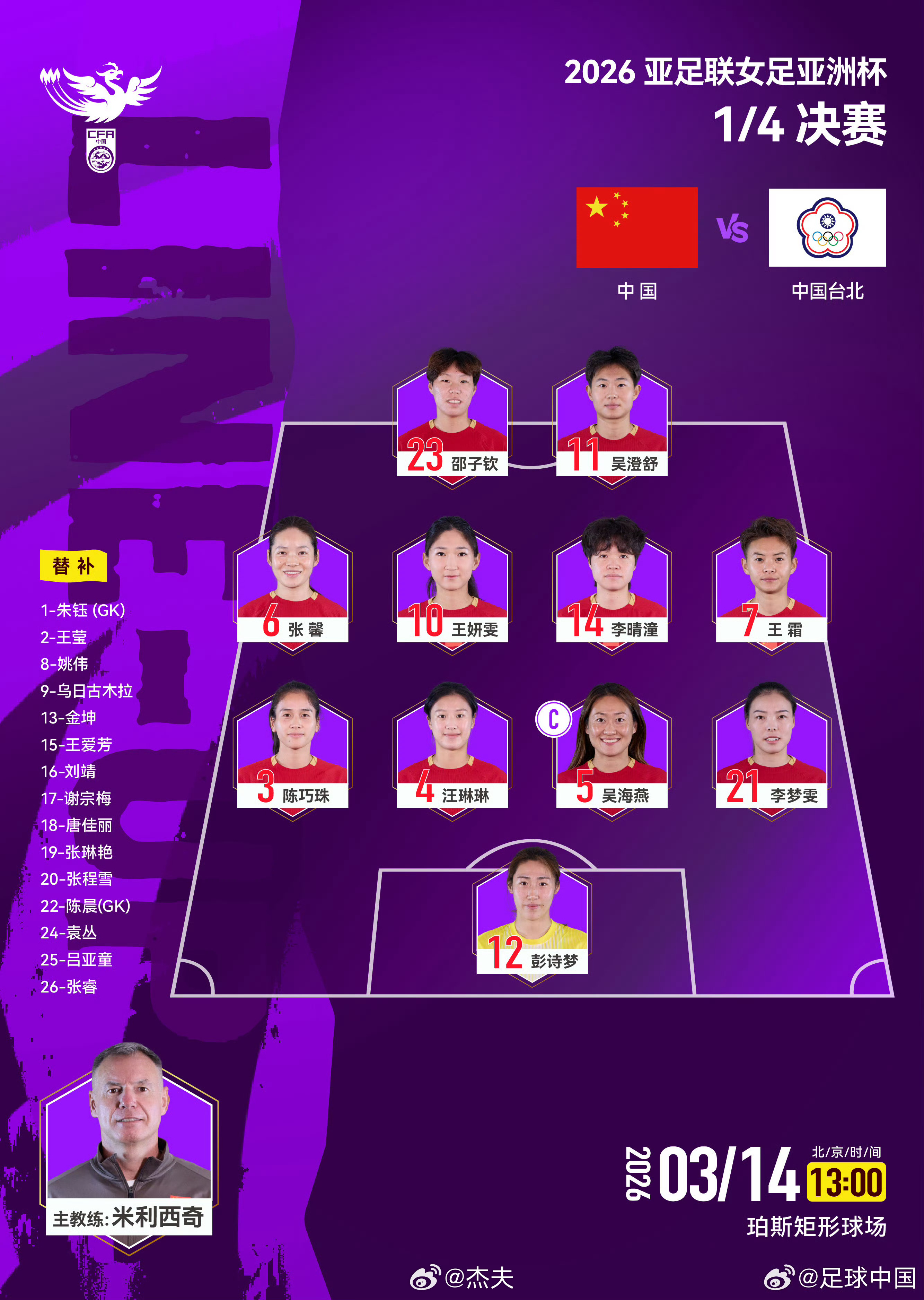 中国女足vs中国台北女足首发 中国女足今日出战中国台北，彭诗梦顶替陈晨出战！首发