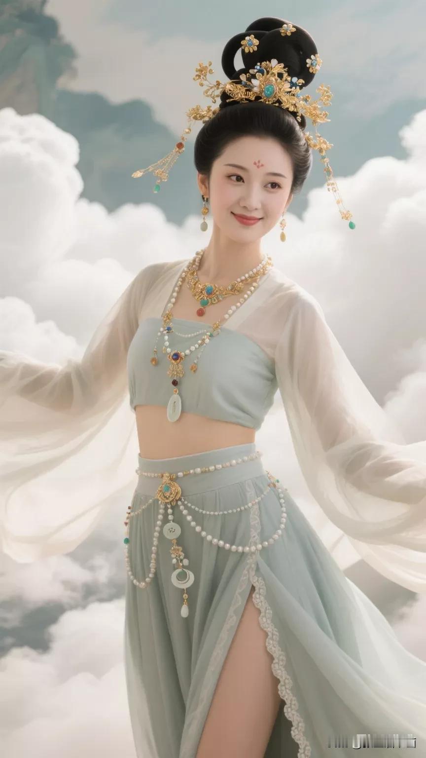 仙气飘飘的古典美人，云雾缭绕中翩翩起舞，张立启原创书画AI作品古仕女发髻集锦首发
