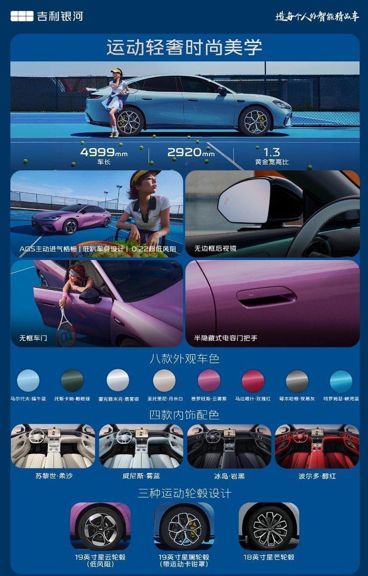 吉利银河TT 4999mm车长，2920mm轴距，8个车色，4款内饰，3种运动轮