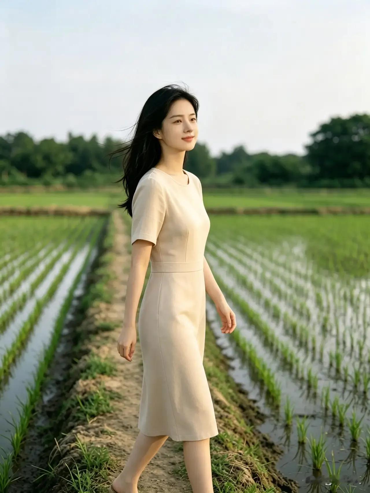 终于忙完了田里的插秧，今天換身干净衣服，去城里逛逛，走在田埂也舒服。