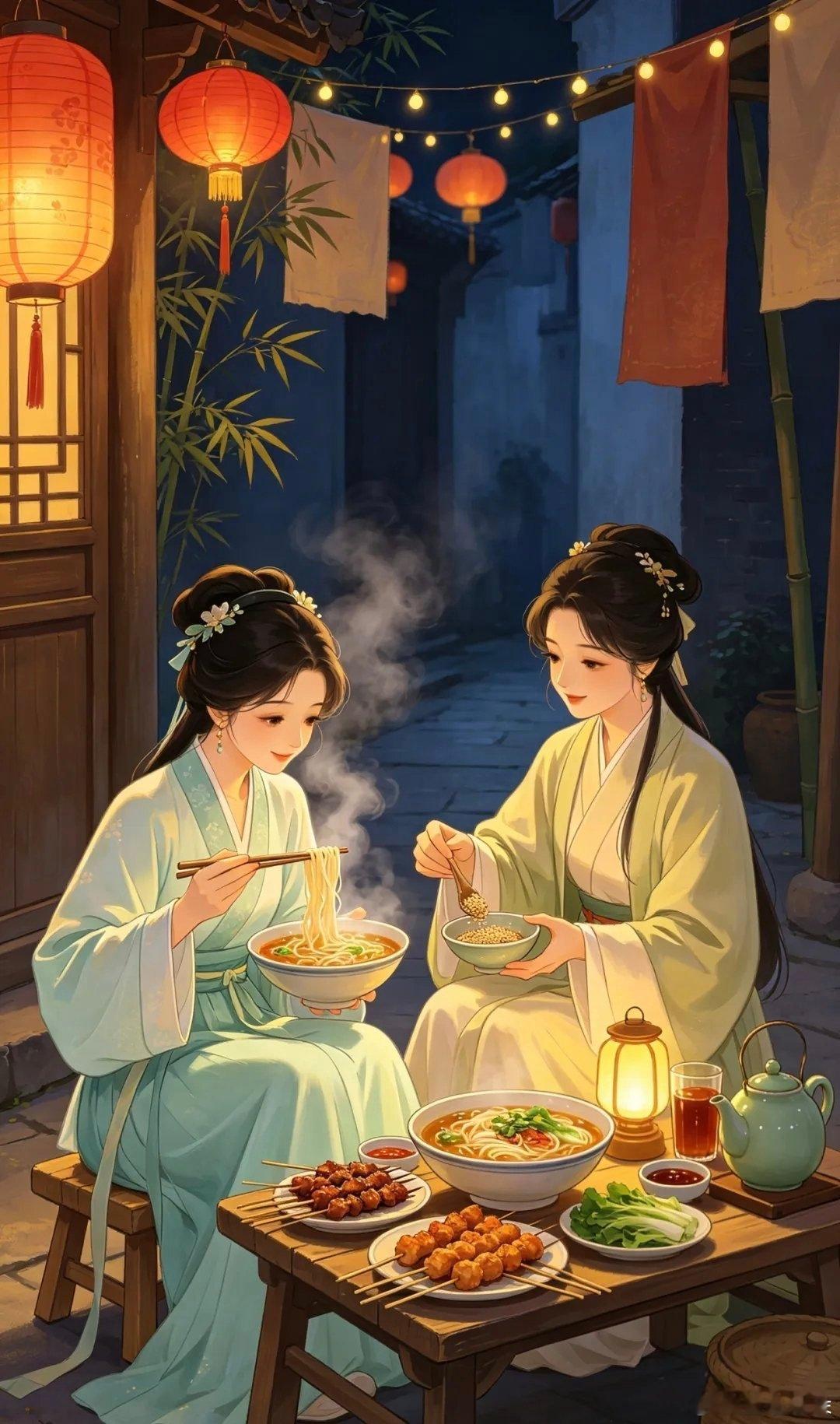 古风闺蜜吃货夜探美食记～ 插画壁纸 ​​​