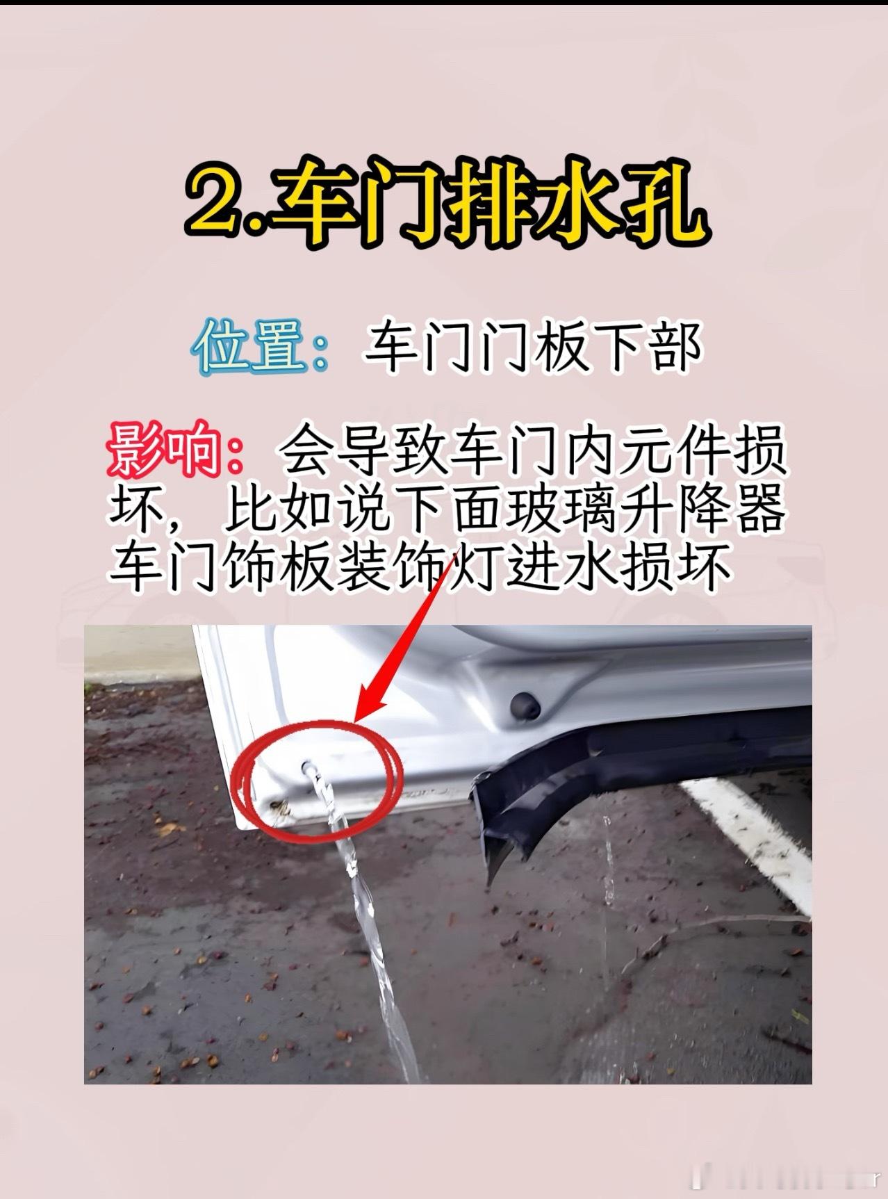你注意到了吗？天窗四个角各有一个排水孔，树叶灰尘一堵，暴雨后水就顺着顶棚流进车里