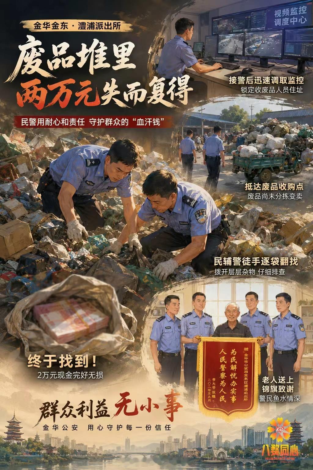 浙江民警徒手翻废品山找回老人2万元山一样的废品堆，挡不住为民解忧的脚步。老人家辛