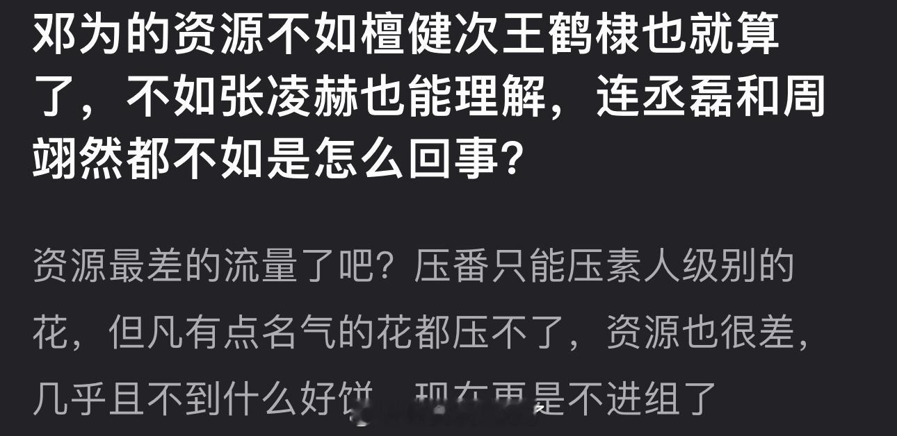 邓为的资源不如檀健次王鹤棣也就算了，不如张凌赫也能理解，连丞磊和周翊然都不如是怎