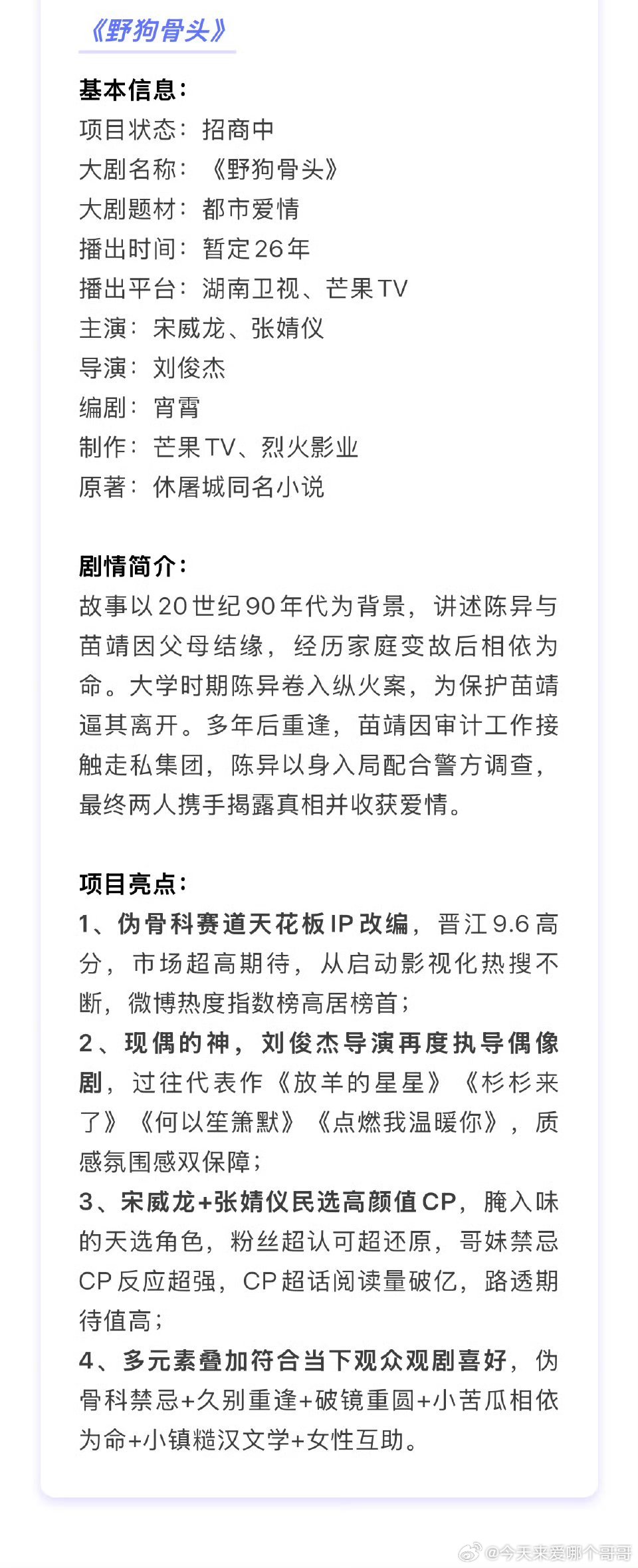 宋威龙、张婧仪《野狗骨头》播前招商，预计7月下旬开播 