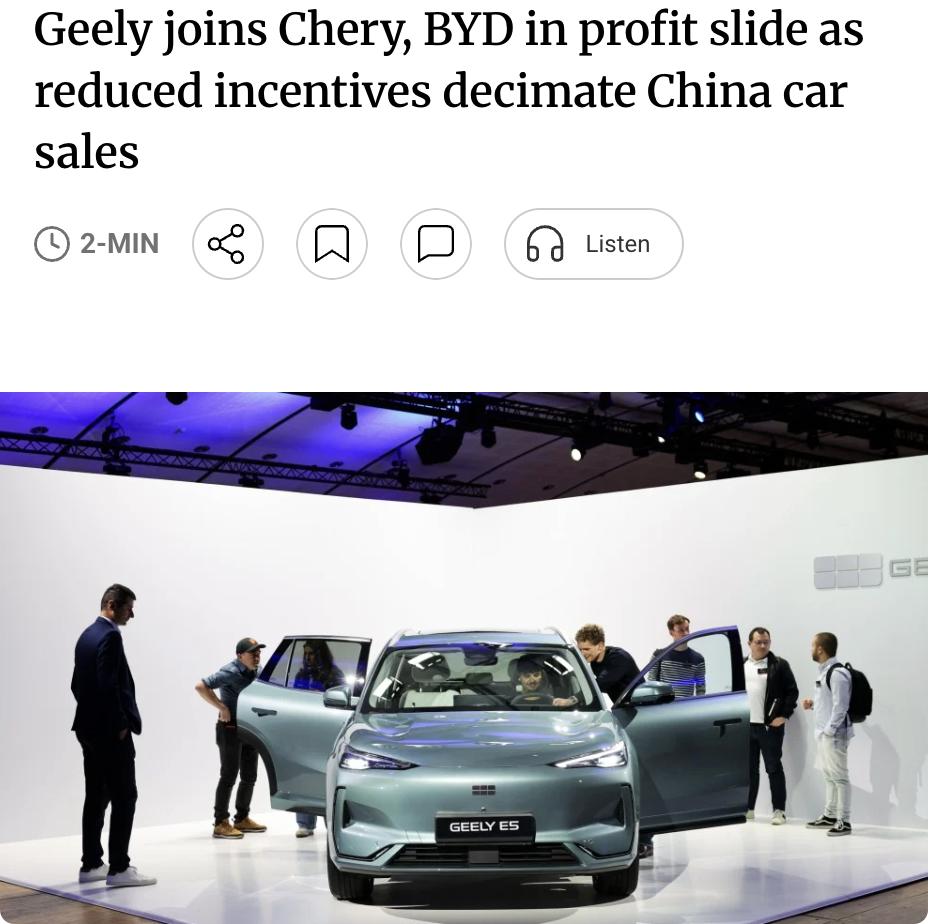 外媒：去年最赚钱的三家中国上市车企——吉利、奇瑞和比亚迪，今年一季度净利润均出现