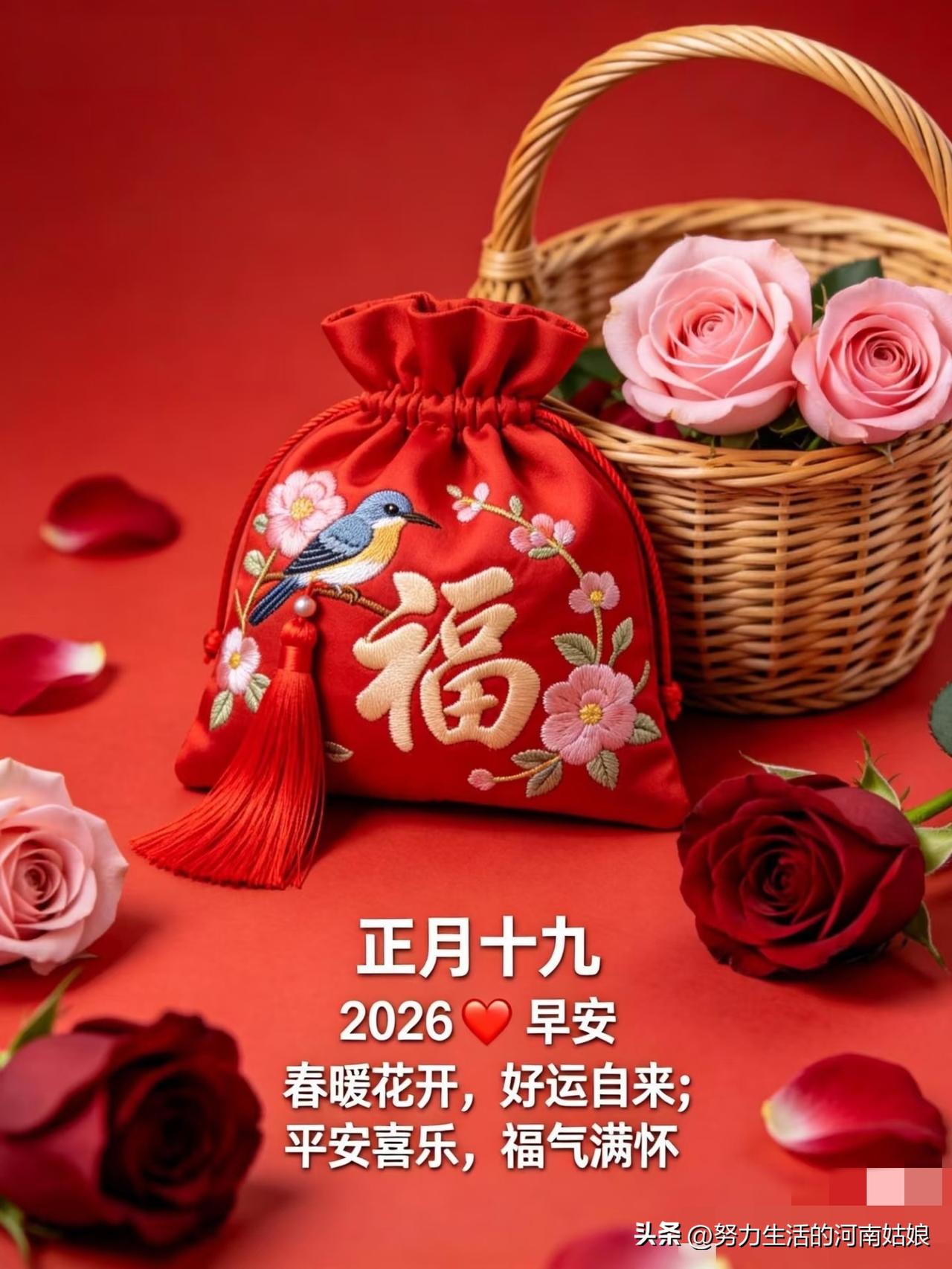 正月十九，周六早安！愿好运常伴，烦恼全走，平安喜乐，万事顺心。[玫瑰]
​
正月