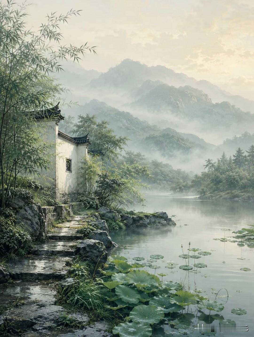 一湖烟雨，半院枕青山
Fei AI国风美学插画分享
东方神韵插画 禅意国风插画