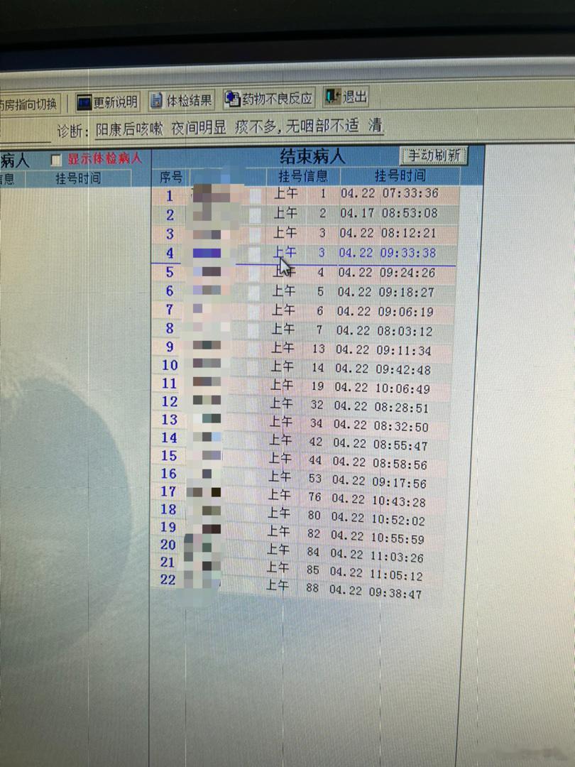 今天上午门诊，看了22个病人，从八点开始，一直到12点。大部分都是复诊的病人，效