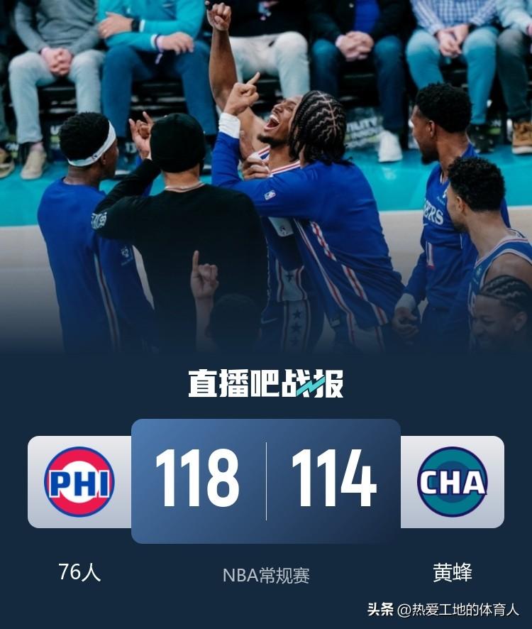 马克西复出，76人3人得分20+客场险胜黄蜂终结对手5连胜，最终比分定格在118