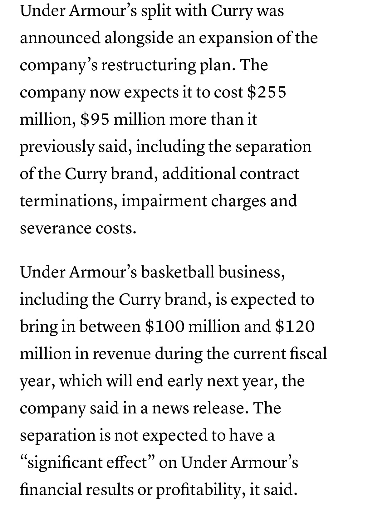 分手费2.55亿美元……据CNBC报道，安德玛宣布与库里分道扬镳，同时扩大公司重