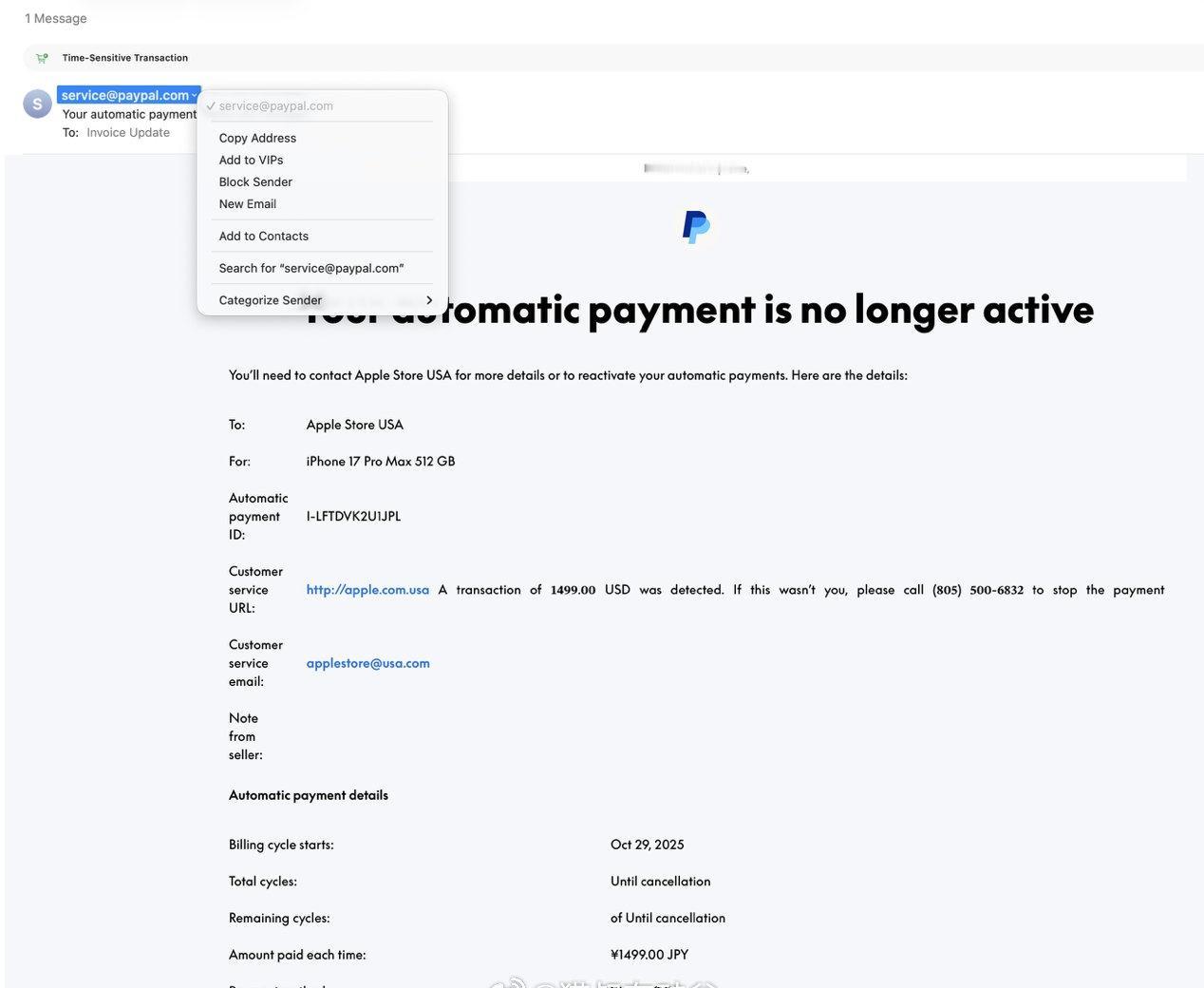 又收到一份诈骗钓鱼邮件。
伪装成Paypal的官方邮件。
但是骗子不够注重细节，