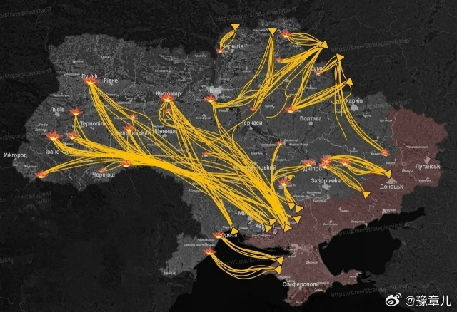 自昨晚以来俄罗斯无人机袭击地图根据乌克兰版本，俄军联合打击期间的自杀式无人机飞行