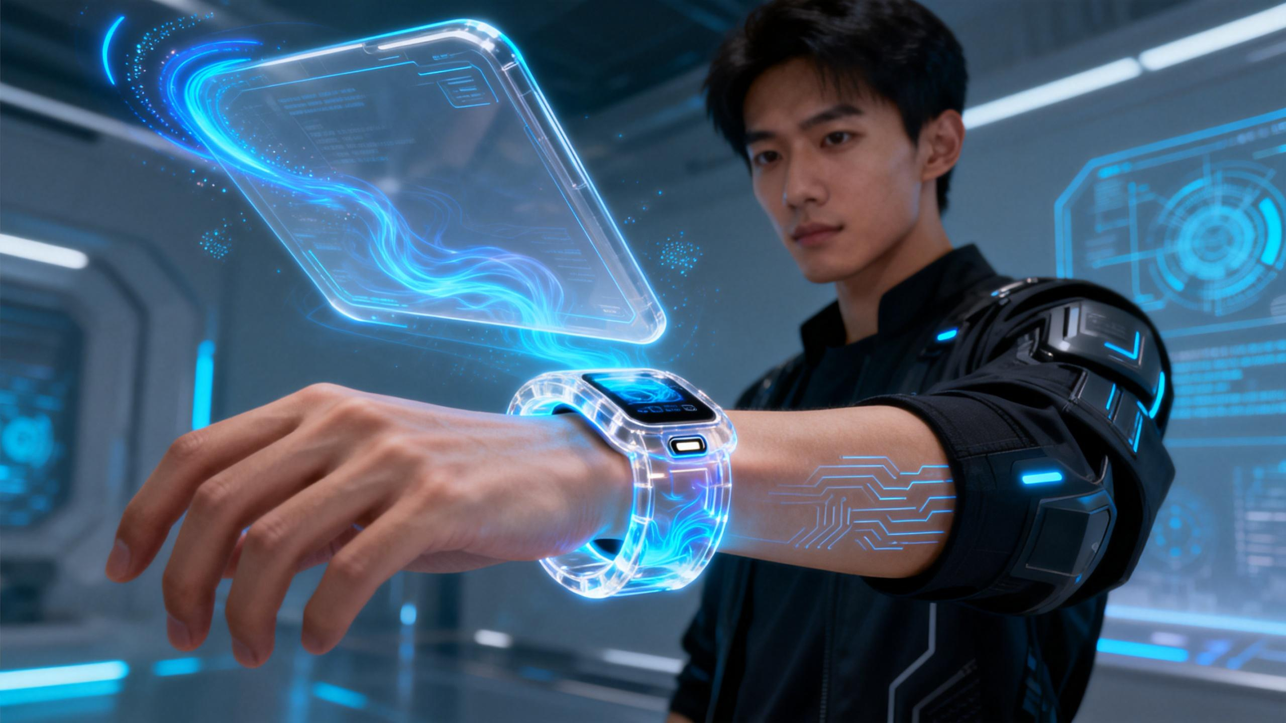 给数码加点AI把手机、电脑等等数码产品都集成在手环里，用的时候抬手腕就能显示