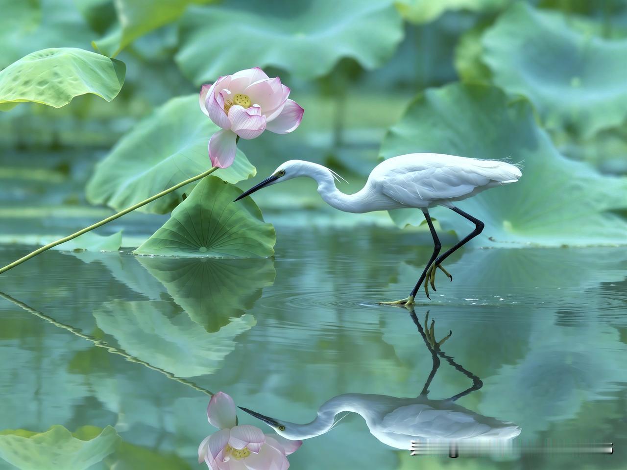 夏日生活打卡季碧水澄澈，粉荷亭亭，白鹭轻踏水面，涟漪缓缓漾开。水上白羽清雅，水下