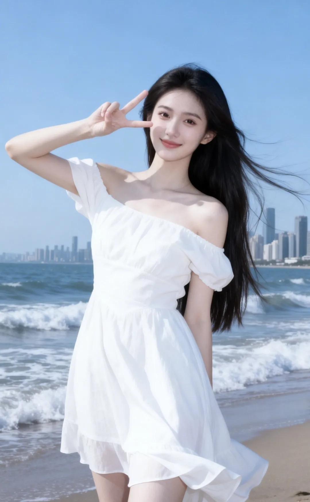 记录我的2026美女白裙飘飘，海风吹拂，享受夏日甜美时光。
