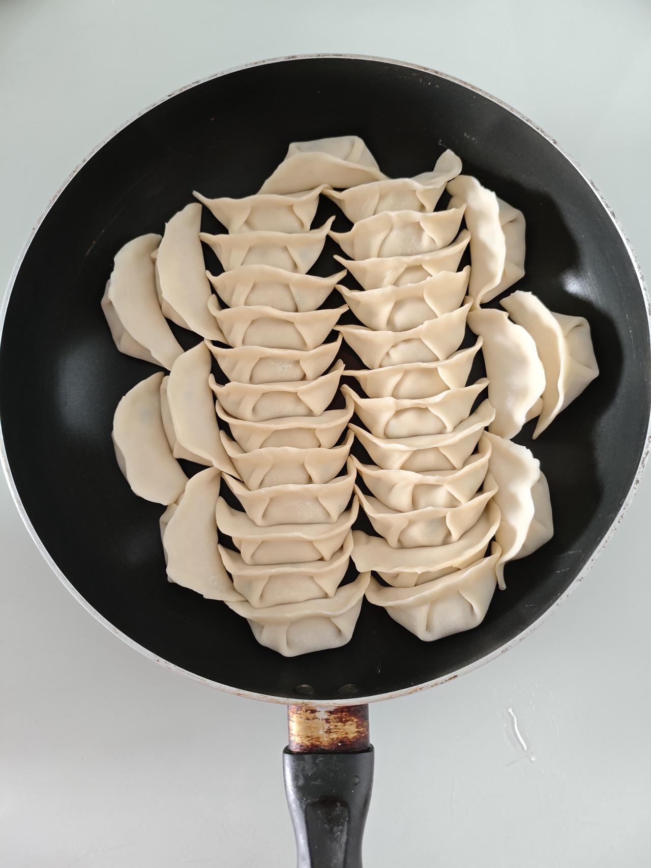 今日三餐分享我儿子昨天中午包的饺子，有豆腐馅的，还有肉馅的，昨天中午我们吃煎饺！