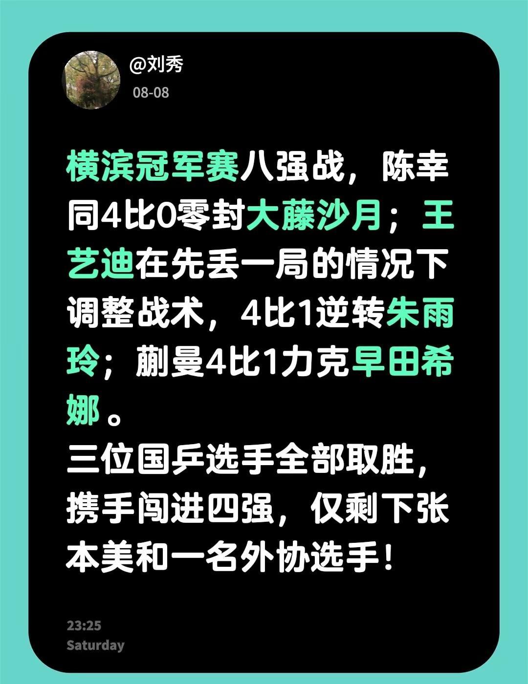 1. 国乒三将齐闯关！横滨冠军赛八强战，陈幸同4比0零封大藤沙月；王艺迪在先丢一