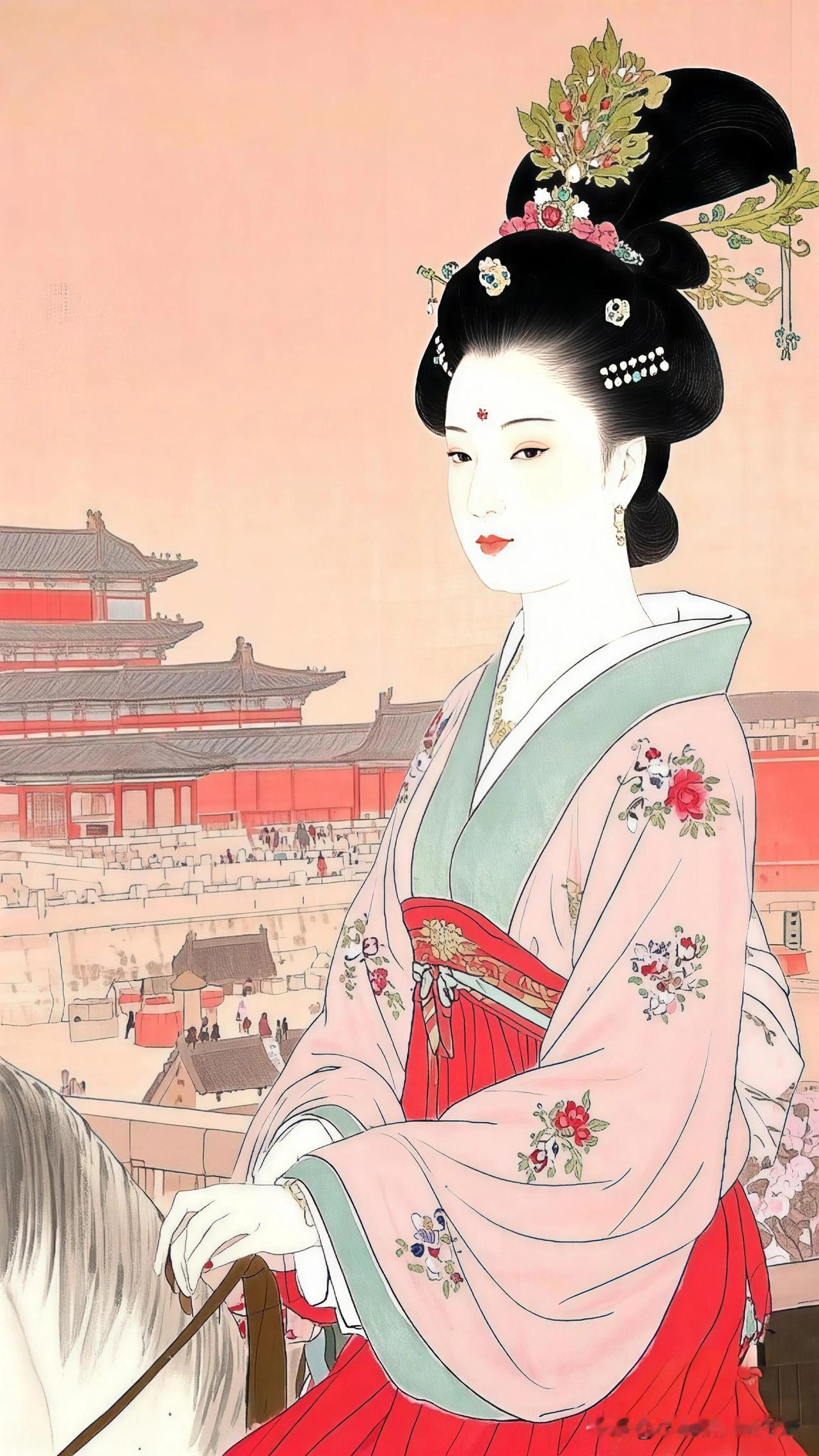 宫女乘马过，红妆映日辉。