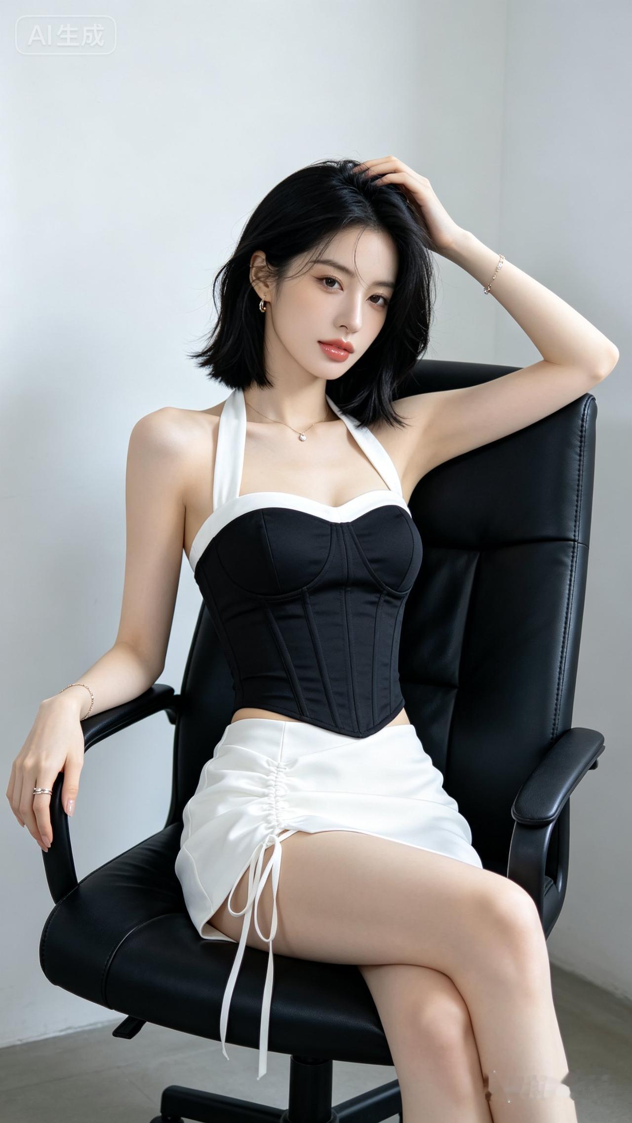 优雅黑发美少女，黑白穿搭显气质