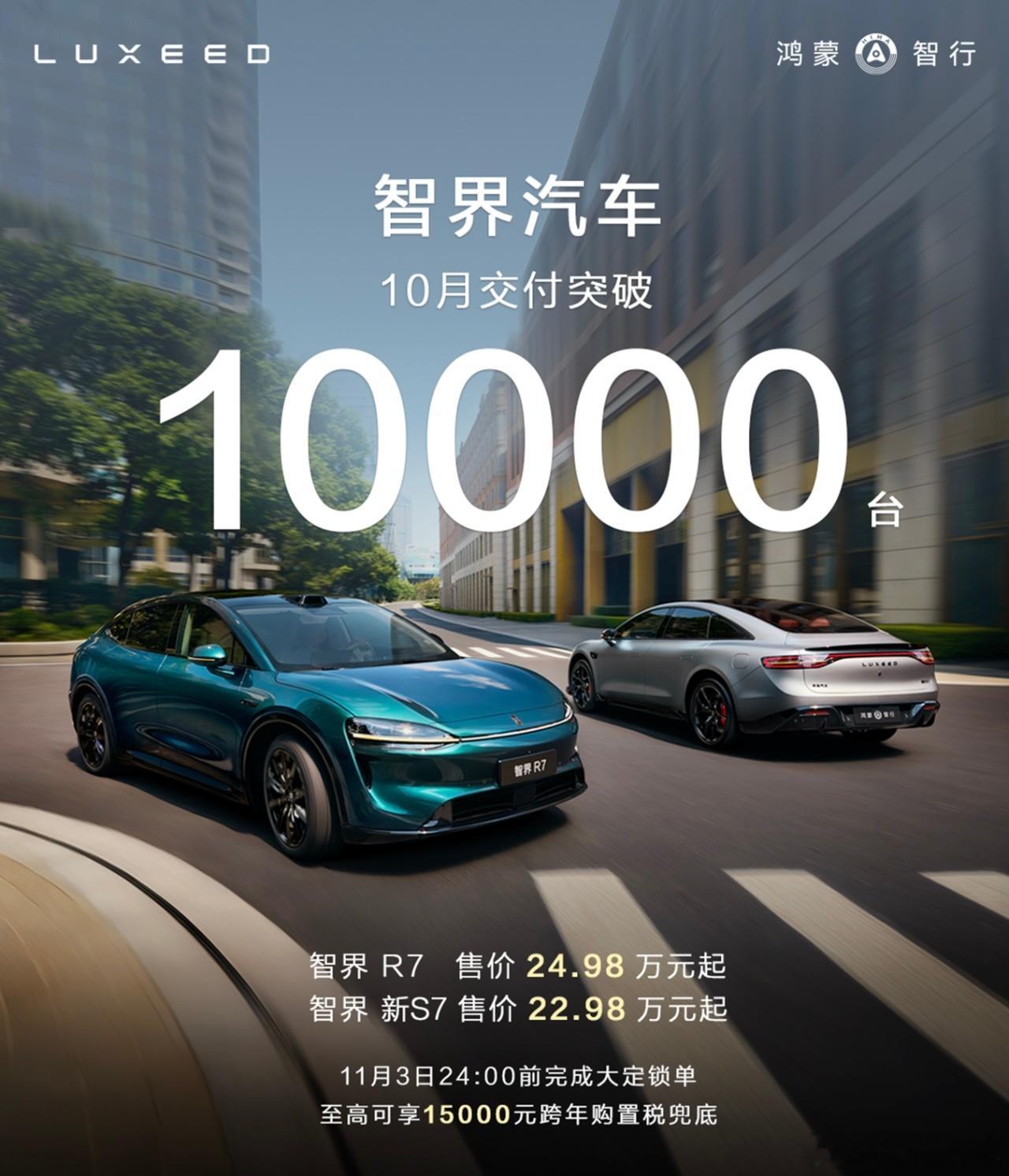 鸿蒙智行两家率先公布10月数据:智界交付10000+台、享界销量 6700 台，