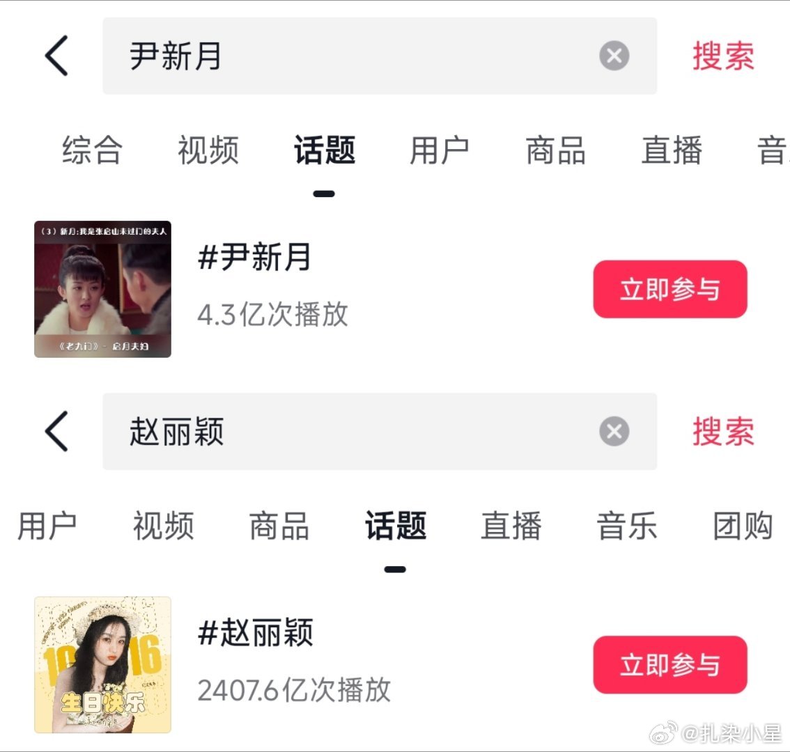 尹新月抖🎶话题词刚设7天，播放量就破4.3亿赵丽颖单人播放量6天增长7.6亿，