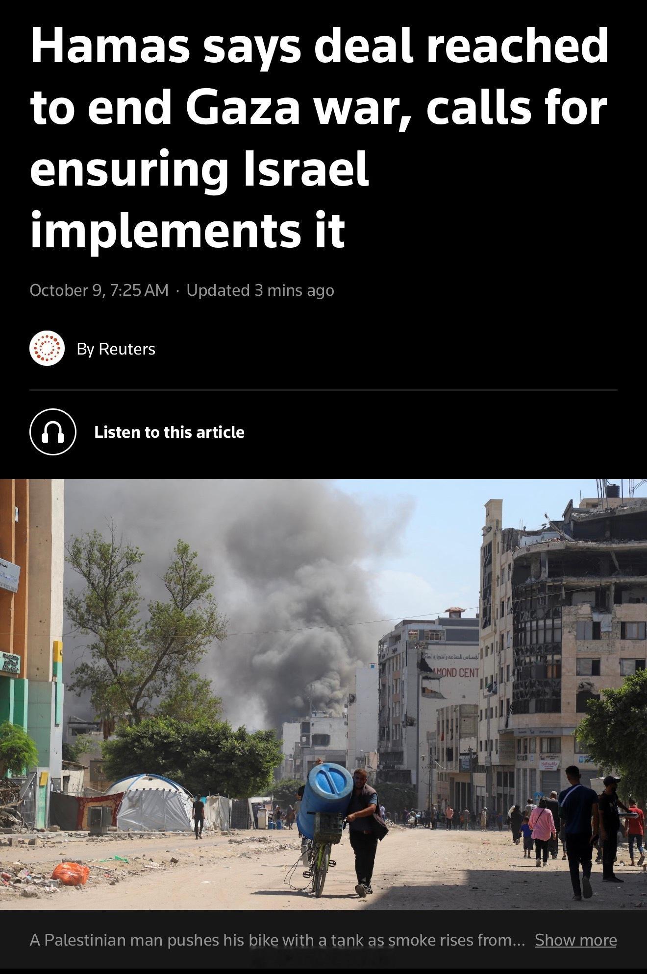 哈马斯方面表示，在与美国总统川普提出的方案进行谈判后，已达成结束加沙战争的协议。