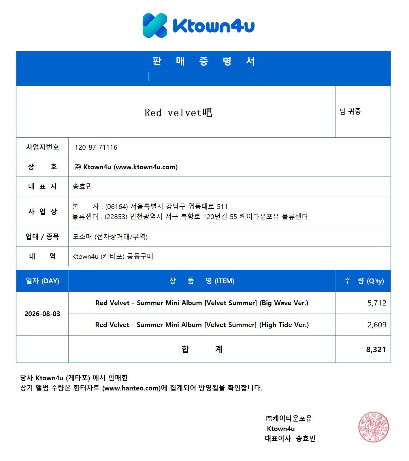 RedVelvet 💗💛💙💚💜团站首批下单凭证1.下单8321张2. 