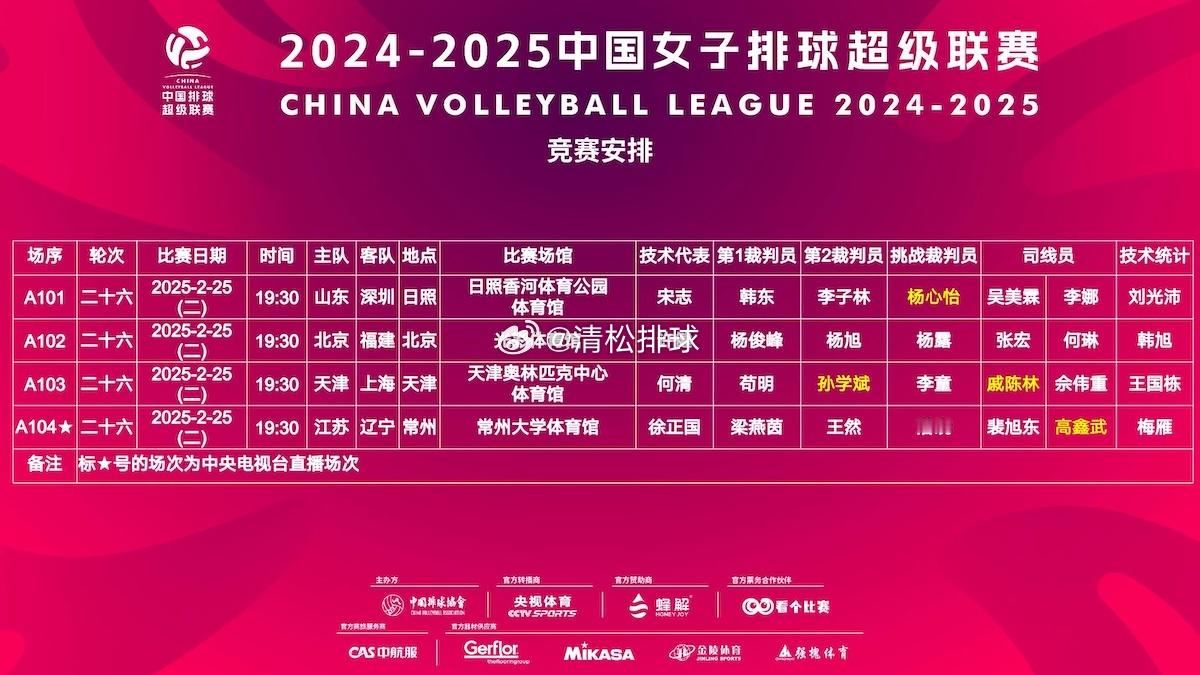 【赛程】2024-2025中国女排超级联赛A级季后赛半决赛第二回合赛程（2.25