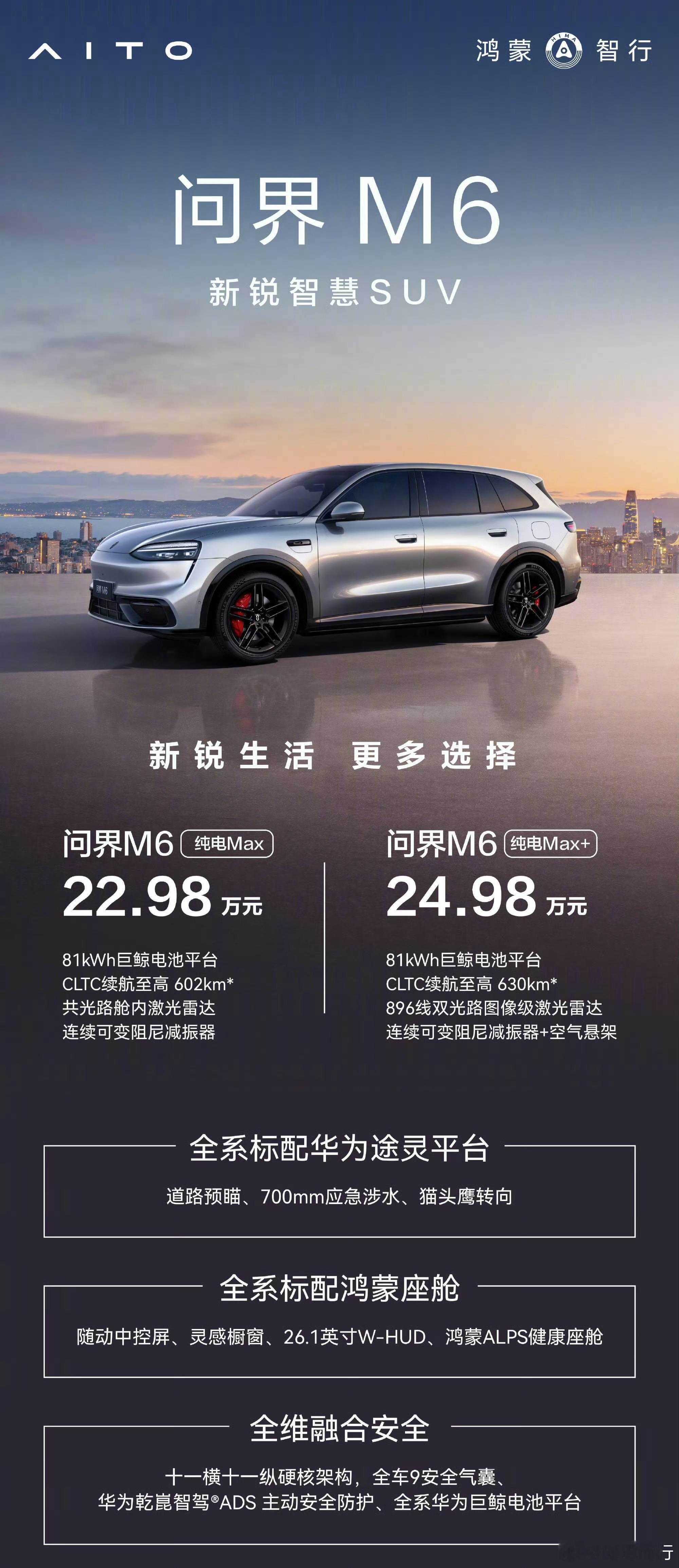 问界m6 纯电新版本和之前曝光的价格一样- Max 22.98w，81度电池 C
