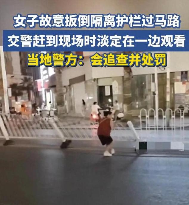 湖南一女子过马路时竟恶意推倒护栏，随后大摇大摆通行，交警赶到后主动搀扶，女子却躲