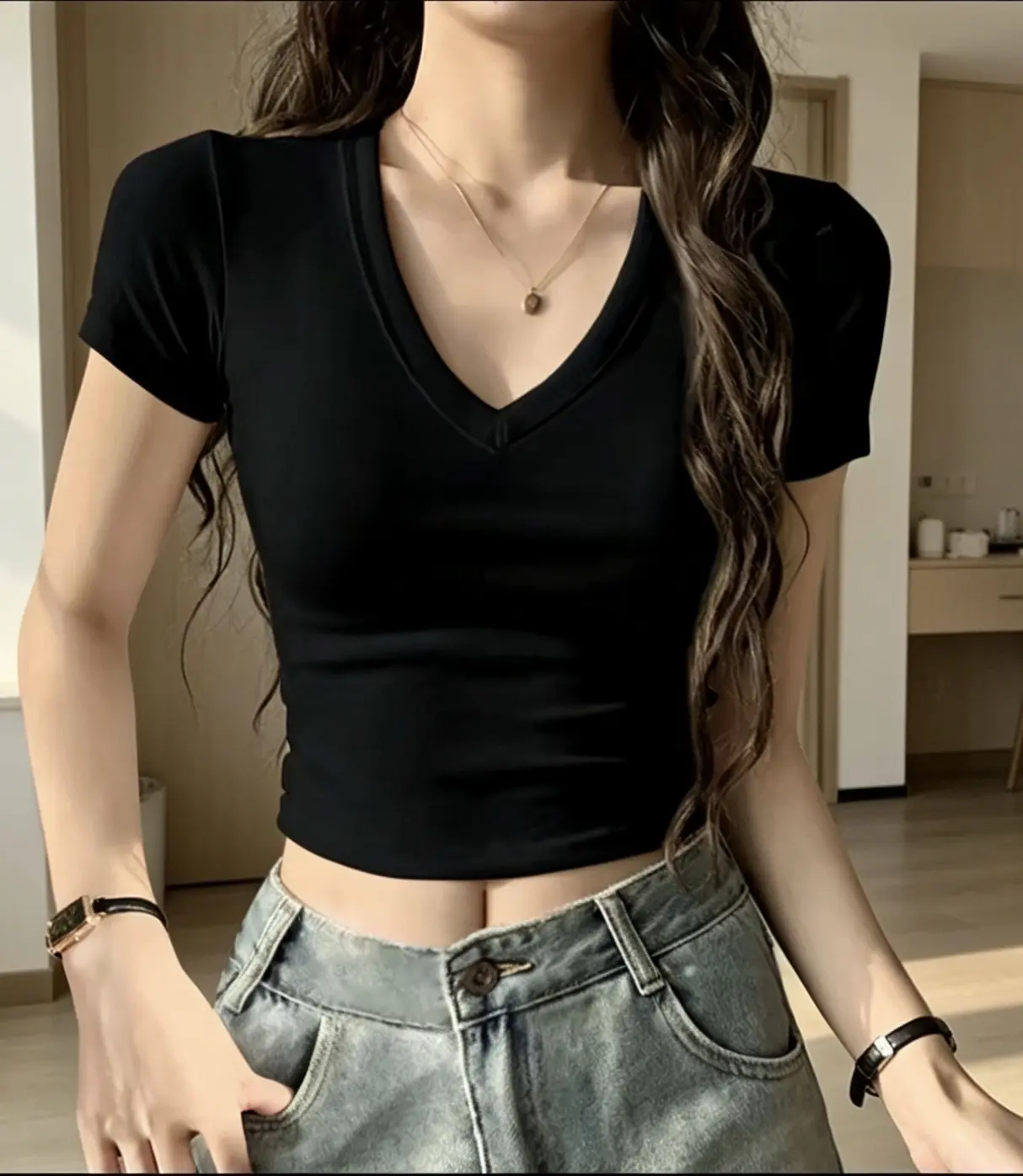 短袖上衣 v领上衣 修身短袖 T恤 百搭上衣