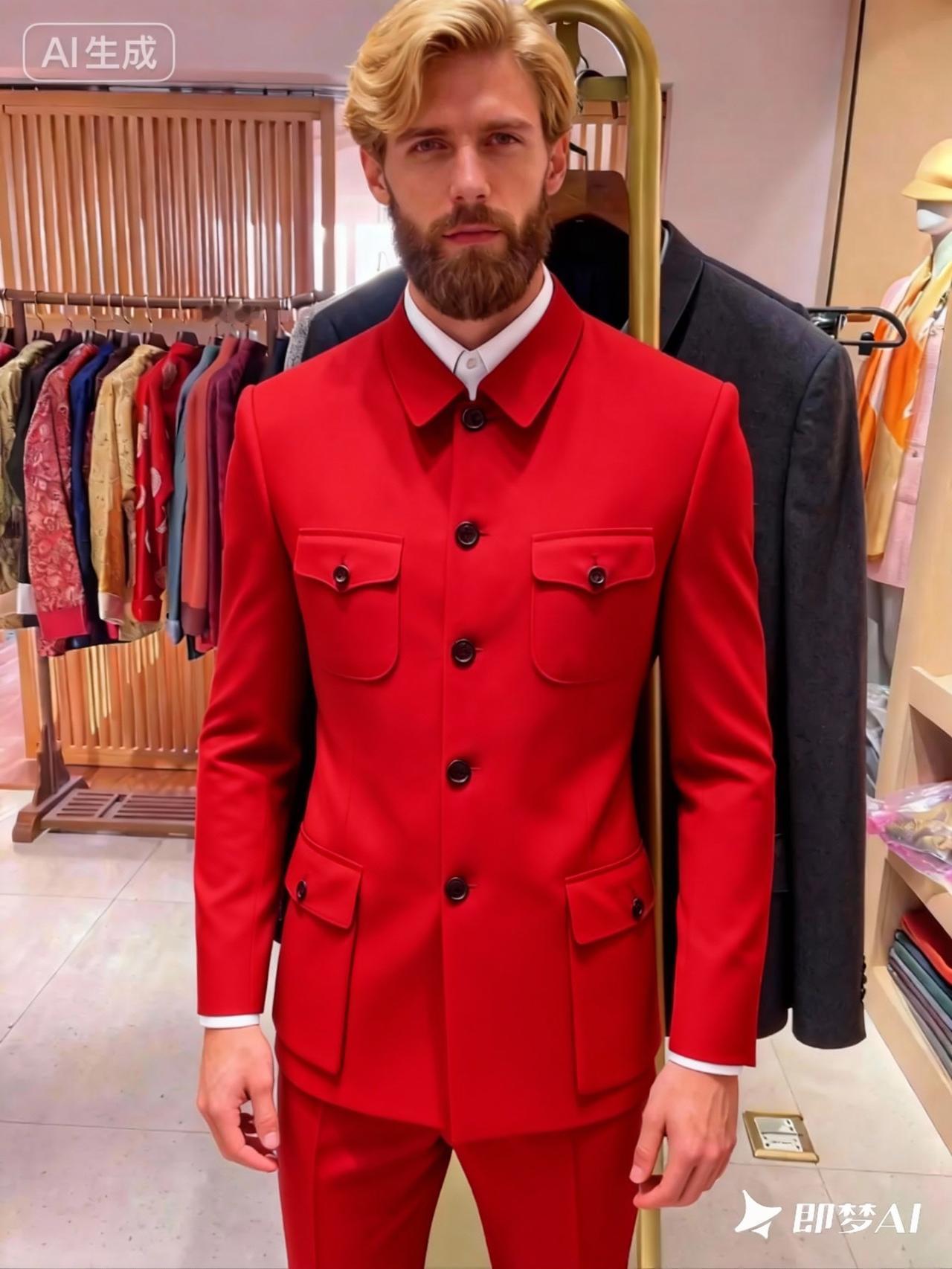 这哥们穿红色中山装挺帅气的。