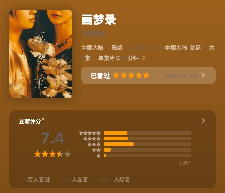 画梦录开分7.4画梦录做得好许雁真完全值得🥺🤲 还没打分的可以去给打打五星?