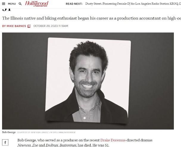 美国制片人 Bob George 日前车祸身亡，终年51岁。
据透露，Bob G