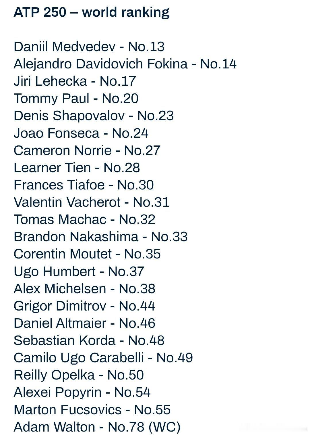 ATP布里斯班250赛公布报名入围名单，梅德韦杰夫、弗基纳、莱赫卡、保罗排名前4