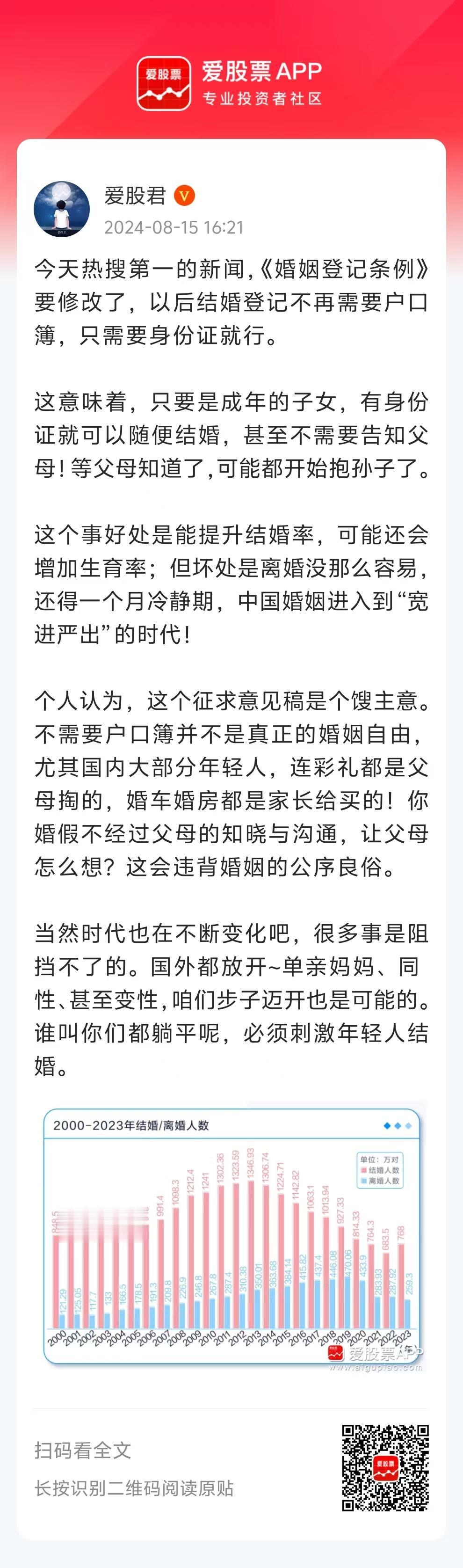 今天热搜第一的新闻，《婚姻登记条例》要修改了，以后结婚登记不再需要户口簿，只需要