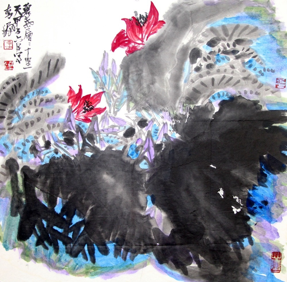 “破局而出与坚韧品格”看这满纸的苍茫墨色，仿佛狂风骤雨席卷而来，而那一朵红花，却