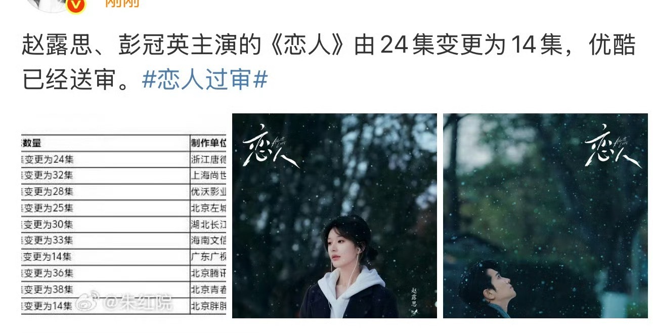 赵露思的《恋人》从24砍到14，只能拿之前拍的剪一剪了 ​​​