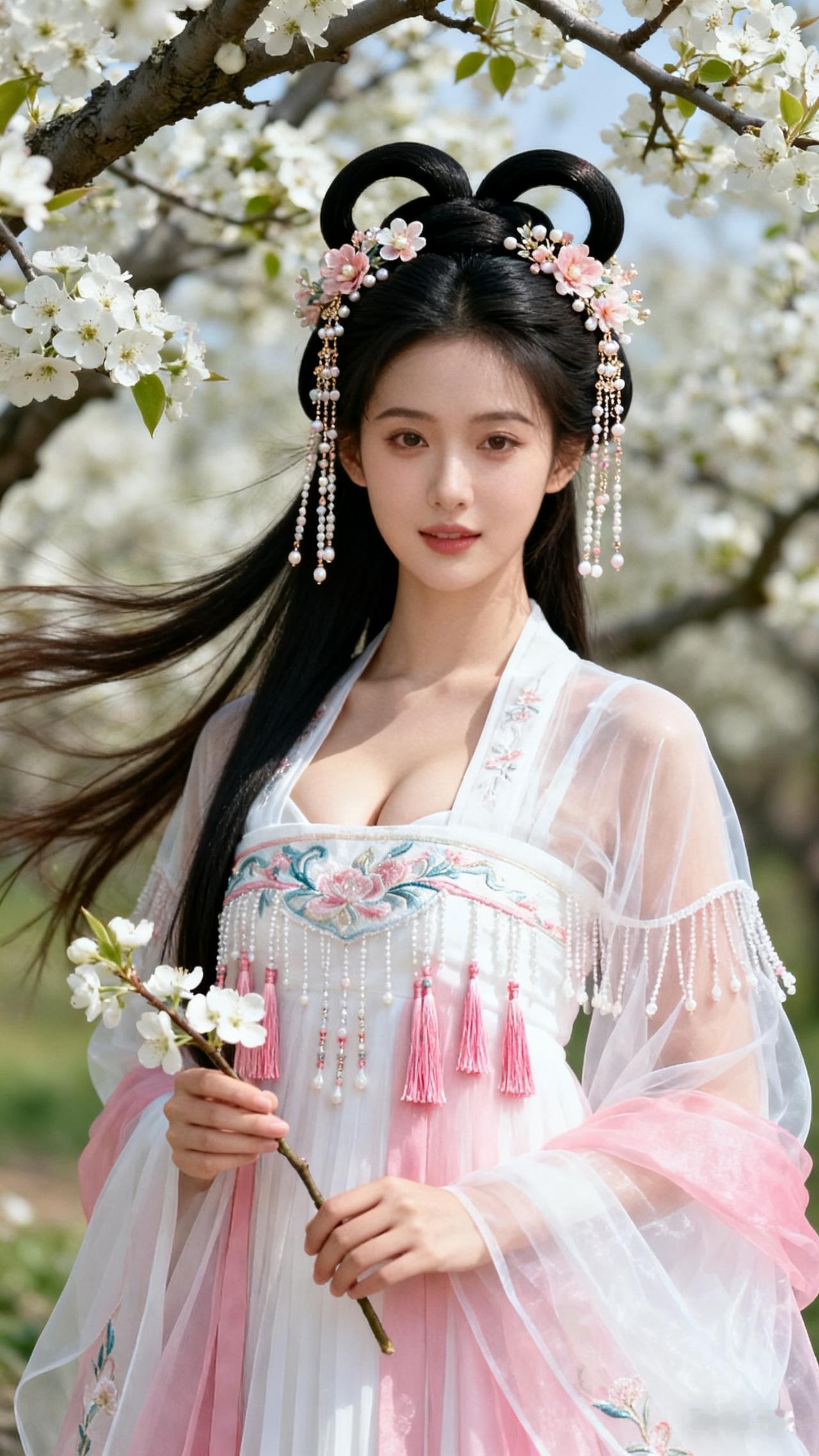 花枝拂面，美人如画。