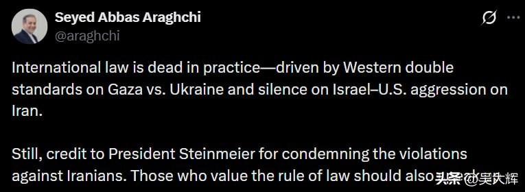 伊朗外交部长阿拉格齐感谢德国总统施泰因迈尔对美国针对伊朗公民的侵权行为的谴责。