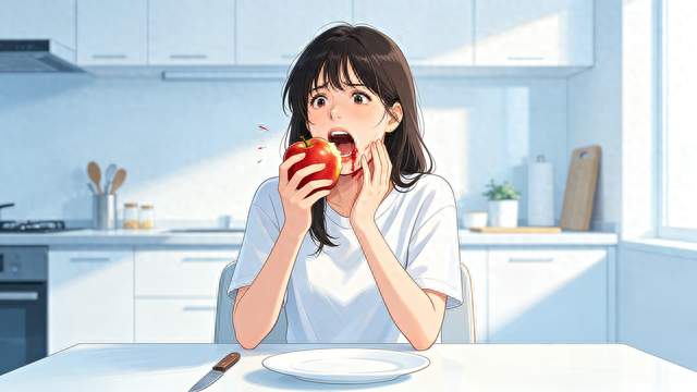 离谱又好笑！女子大口啃苹果，一口下去直接下巴脱臼