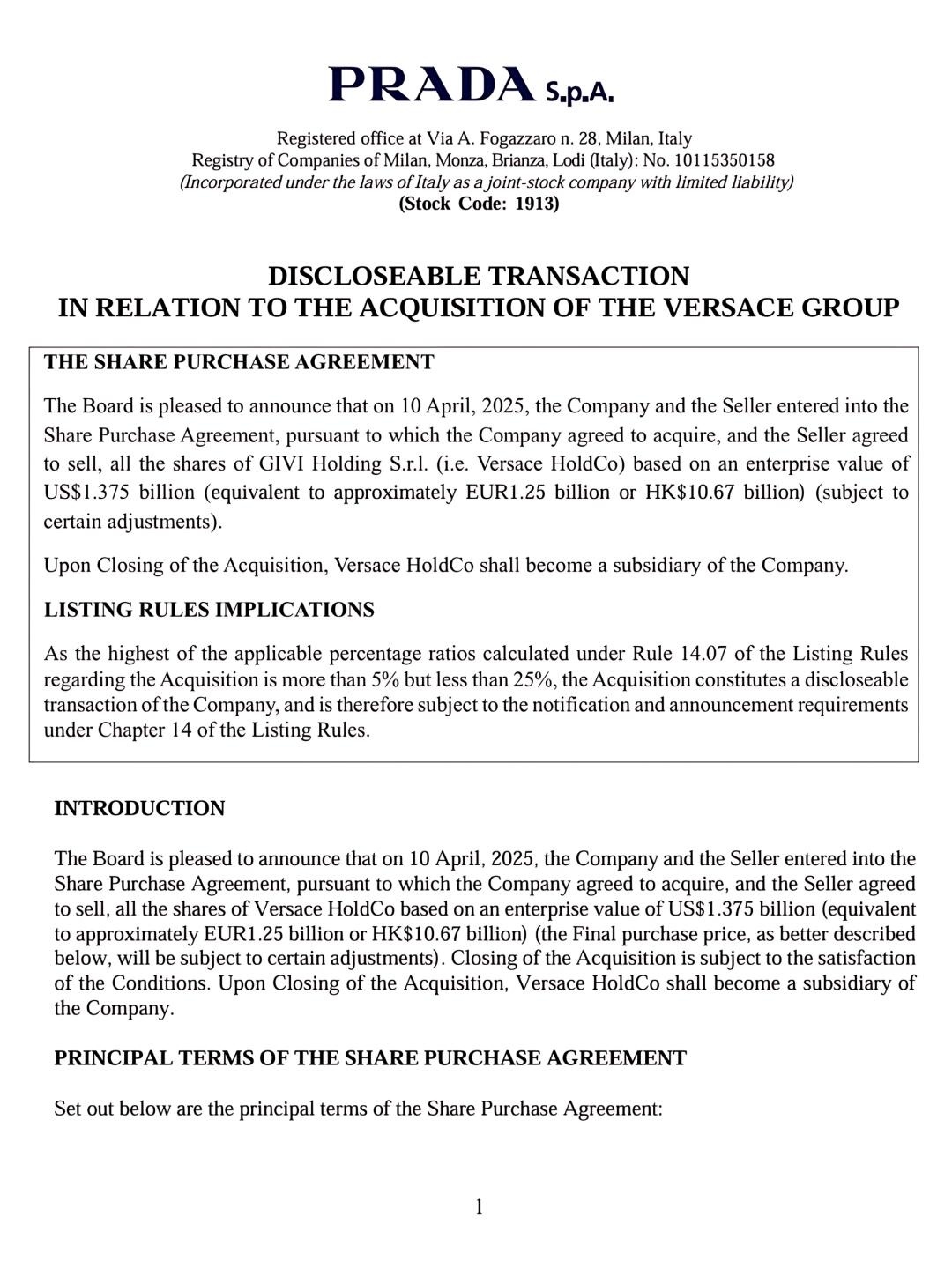 【🚨】PRADA集团13.75亿美元收购Versace根据PRADA集团最新通
