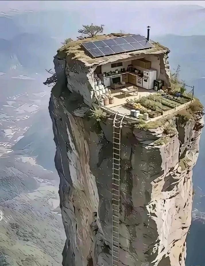 将家建在千米孤峰峰顶，靠太阳能供电，配有小菜园与储粮区，仅靠一架悬梯出入，近乎与