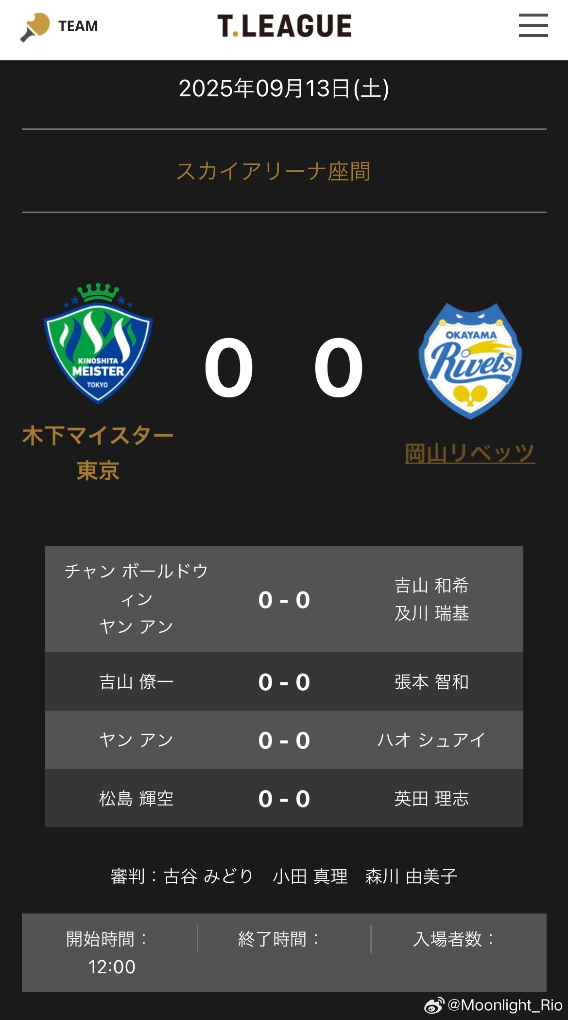 T联赛 9.13  11:00 木下东京🆚冈山 对阵表陈颢桦/闫安🆚吉山和希